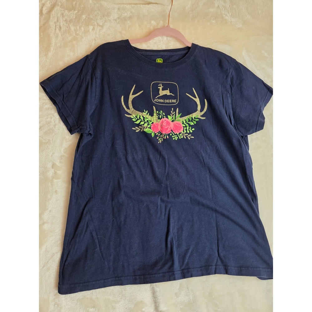 John Deere Women XL Navy Blue Antlers Roses Graphic T Shirt Tee